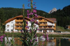 a building with purple flowers in front of a lake at Wellness Hotel Lupo Bianco in Canazei