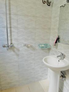 een badkamer met een douche en een wastafel bij The Black mamba in Arusha