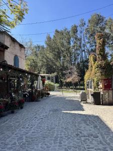 een straat met kinderkopjes, een gebouw en een paraplu bij Amore e Vino en ValQuirico in Santeagueda