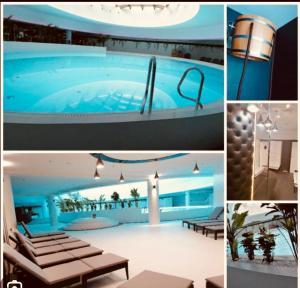 a collage of pictures of a swimming pool at Hanza Tower Level XV Signature in Szczecin