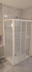 een douche met glazen deuren in een kamer bij Gîte L'hôtellerie in Trévron