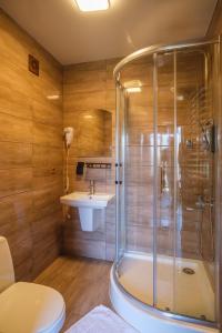 a bathroom with a shower and a toilet and a sink at Шепіт Карпат in Yasinya +25 photos