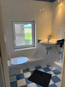 a bathroom with a toilet and a sink and a window at Pure nature - Dein Landhaus in Wardow +21 photos