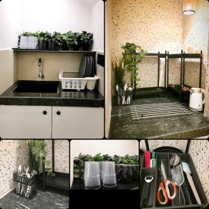 a collage of photos of a kitchen with a sink at White Coco Luxury Villas, Private Pool, North Goa in Baga