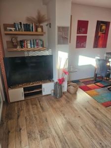 a living room with a large flat screen tv at Bambus in Wangerland