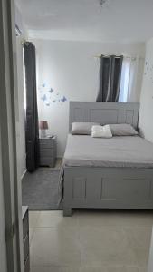 een slaapkamer met een groot bed en een spiegel bij 4 vecinos in Santiago de los Caballeros