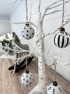 een kat die op een stoel zit naast een boom met ballen bij Courtyard Pool Studio Private Luxe Retreat in Coal Point +25 foto's