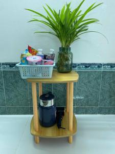 einen Tisch mit einer Topfpflanze darüber in der Unterkunft Khách sạn K-Trang APARTMENT in Cần Thơ