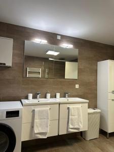 a bathroom with two sinks and a washer and dryer at Hirsch Panorama in Bad Wildbad +8 photos