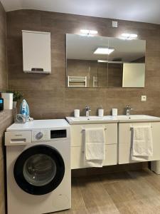 a kitchen with a washing machine and a sink at Hirsch Panorama in Bad Wildbad