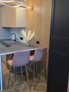 una cucina con due sedie viola su un bancone di Green Baltic Portovo Comfort Apartment City Center Balcony a Danzica Altre 4 foto
