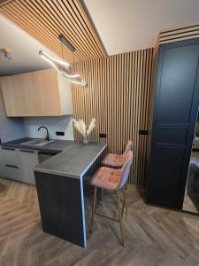 una cucina con un bancone, un tavolo e delle sedie di Green Baltic Portovo Comfort Apartment City Center Balcony a Danzica