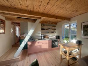 a kitchen with pink cabinets and a wooden ceiling at Stuga i Maglehem in Degeberga