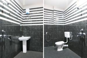 twee foto's van een badkamer met toilet en wastafel bij Hotel O RN Palace in Puri