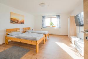 een slaapkamer met 2 bedden en een televisie bij FEWO 2 zur schönen Aussicht in Hinterschmiding