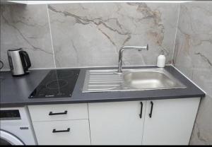 a kitchen counter with a sink and a stove at Studio coquet proche de Lyon in Pont-de-Chéruy