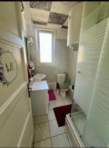 a small bathroom with a toilet and a window at Studio coquet proche de Lyon in Pont-de-Chéruy