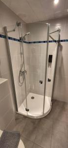 een douche met een glazen deur in een badkamer bij Haus Im Wald  +57 foto's