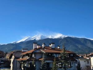 a building with snow covered mountains in the background at Evelina Palace Hotel in Bansko