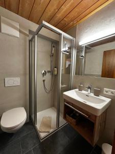een badkamer met douche, wastafel en toilet bij Apartments Ausfernerhof in Ehrwald