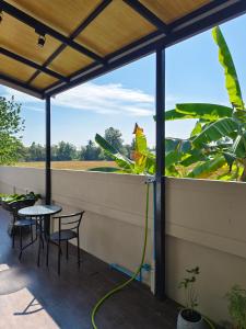 a patio with a table and chairs and a plant at รักตะวัน เวียงพันแสน in Hang Dong