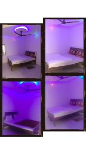 vier foto's van een kamer met een bed met paarse lampen bij Hotel Maharaja Palace in Lucknow +4 foto's