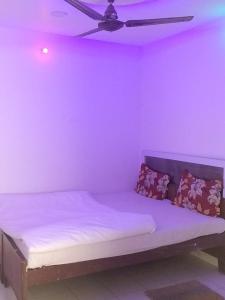 een paarse kamer met een bed met een plafondventilator bij Hotel Maharaja Palace in Lucknow