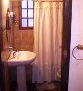 baño con lavabo y cortina de ducha en El Espinillo en Merlo