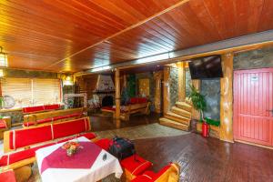 Zimmer mit einem Tisch, Stühlen und einem Kamin in der Unterkunft Pensiunea Alpin SPA in Ranca