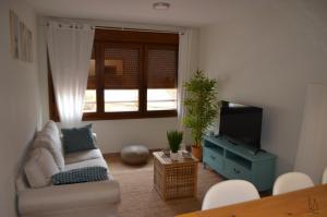 a living room with a couch and a television at JayjAstur in Cangas de Onís