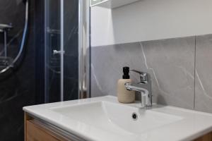 ein Waschbecken mit einer Dusche und einer Flasche Seife in der Unterkunft Heu22 Heukammerl in Farchant