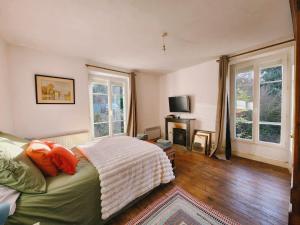 ein Schlafzimmer mit einem Bett und einem Fernseher und zwei Fenstern in der Unterkunft Demeure périgourdine, prairies et accès rivière in Cherveix-Cubas