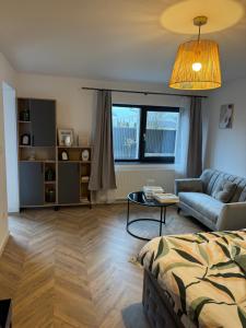 a living room with a bed and a couch at IUGAs RESIDENCE in Sighetu Marmaţiei