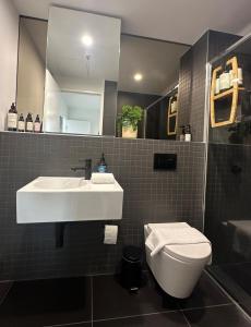 een badkamer met een wastafel, een toilet en een spiegel bij Lake Views Belconnen in Belconnen