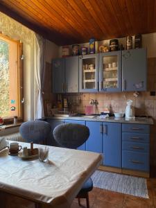 a kitchen with blue cabinets and a table with chairs at Chata na Polane in Vyšné Hágy