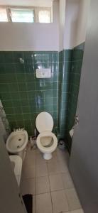 een groen betegelde badkamer met een toilet en een wastafel bij Dpto Olavarria in Mar del Plata +5 foto's
