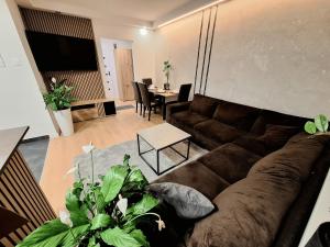 a living room with a brown couch and a table at Apartament Polna 21 in Kalisz
