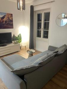 een woonkamer met een bed en een flatscreen-tv bij Strasbourg - Deux Chambres & Garage in Straatsburg