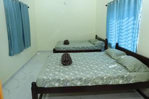 two twin beds in a room with blue curtains at VAISHVI Homestay in Kāsarkod