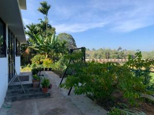 a porch of a house with trees and plants at Elysian in Mananthavady