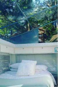 a bed with pillows in a room with trees at Masinga in Hillcrest