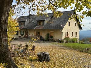 een groot wit huis met een boom ervoor bij Mauthnerhube Ferienwohnung mit Sauna, Whirlpool, Hüttenfeeling in Sankt Oswald ob Eibiswald