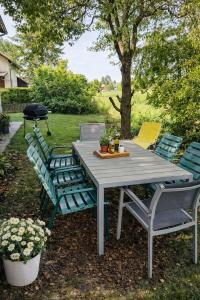 een picknicktafel en stoelen in de tuin bij Haus am Bodensee in Fußach