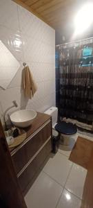 een badkamer met een wastafel, een toilet en een douche bij Birds' Corner Cabin in Curitiba +9 foto's