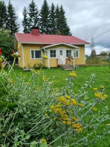 une petite maison jaune avec un toit rouge dans l'établissement Peaceful house for relaxing, à Oulu
