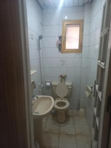 a bathroom with a toilet and a sink and a window at Ramo Square hostel in 6th Of October