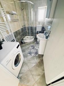 een badkamer met een wasmachine en een wastafel bij Apartman Šimić in Gračac
