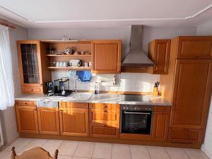 a kitchen with wooden cabinets and a stove at Naturblick am Dorfausgang in Rheinau