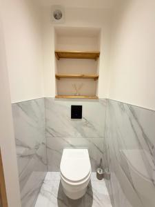 ein Badezimmer mit einem weißen WC und Marmorwänden in der Unterkunft T3 sur les pistes - Les Claux in Vars + 11 Fotos