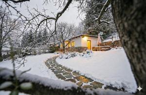 a house in the snow with a stone path at AppartChalet LA RONDULA - 100m from Seceda in Ortisei